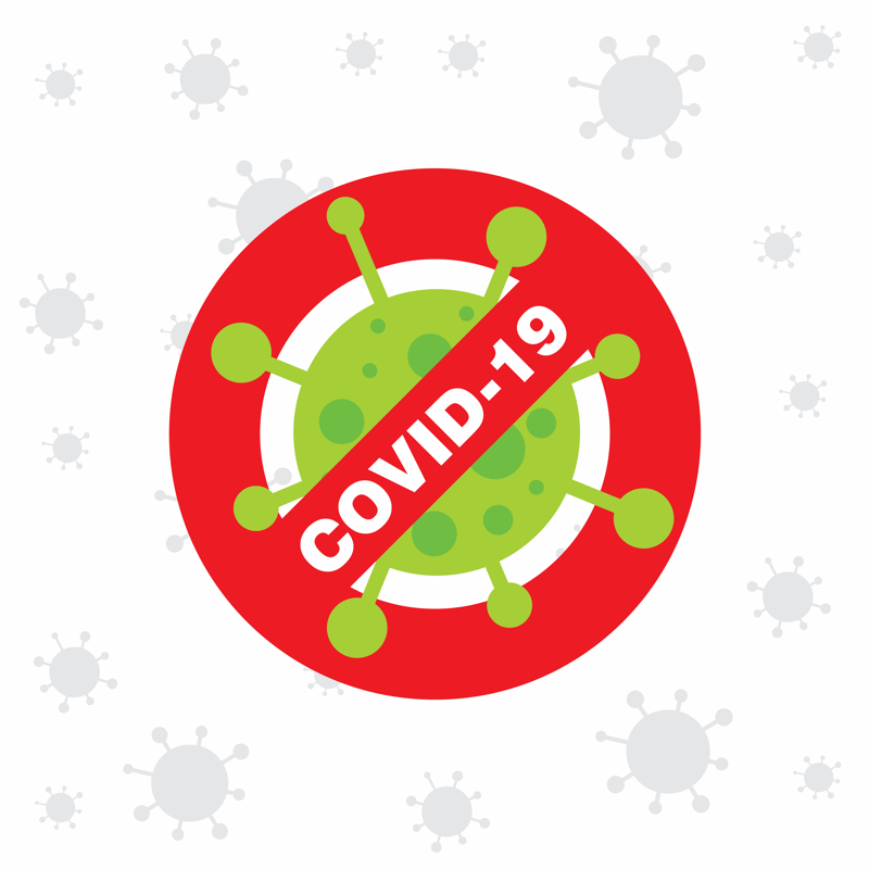Graphic showing a green virus icon with a red prohibition circle and the text "COVID-19" over it, indicating a no COVID-19 concept. Background has faded virus icons.