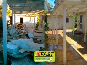 Side-by-side comparison of a cluttered outdoor patio filled with debris (left) and the same patio cleared and clean (right). A "Fast Junk Removal San Jose" logo is positioned in the center bottom.