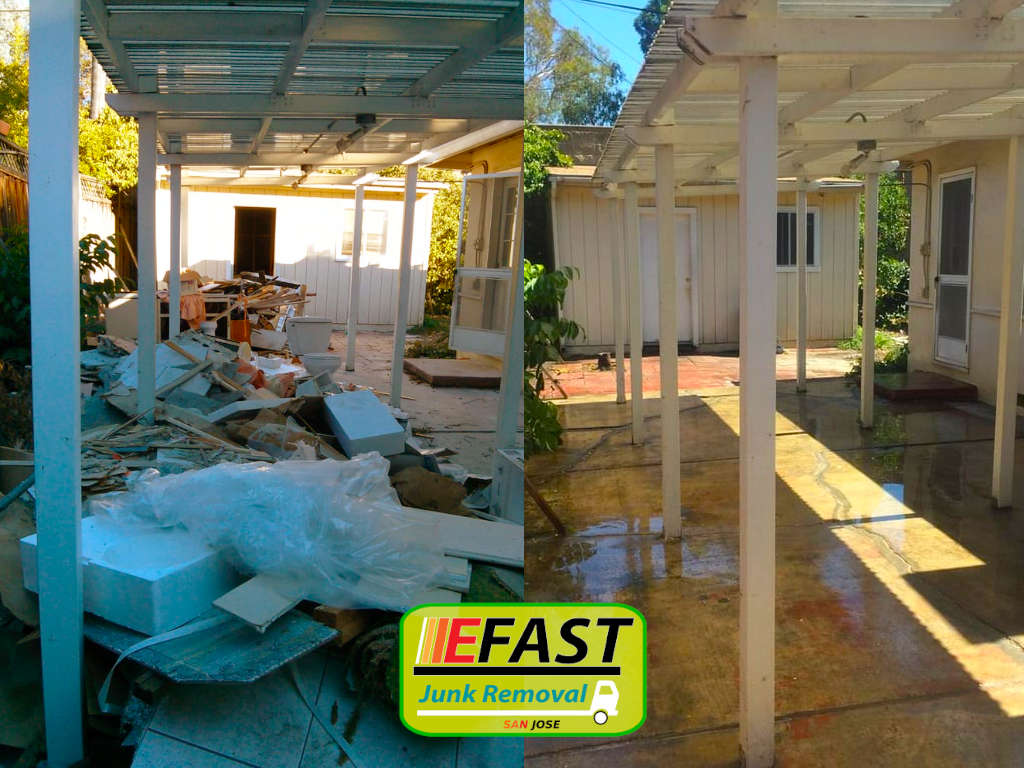 Side-by-side comparison of a cluttered outdoor patio filled with debris (left) and the same patio cleared and clean (right). A "Fast Junk Removal San Jose" logo is positioned in the center bottom.