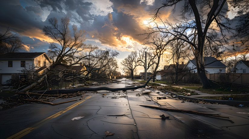 A residential street is blocked by fallen trees and debris after a storm, with damaged houses on both sides. The sky is partly cloudy with a setting sun in the background.