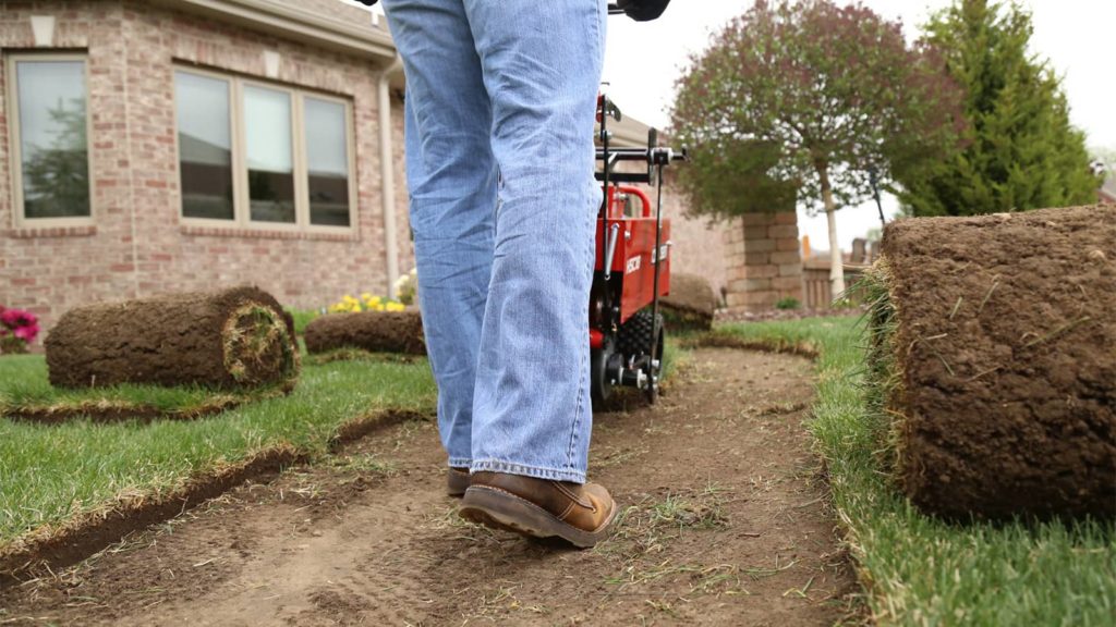 A person operates a machine to lay sod in a yard, with several rolls of sod placed around. The house in the background has brick walls and multiple windows.